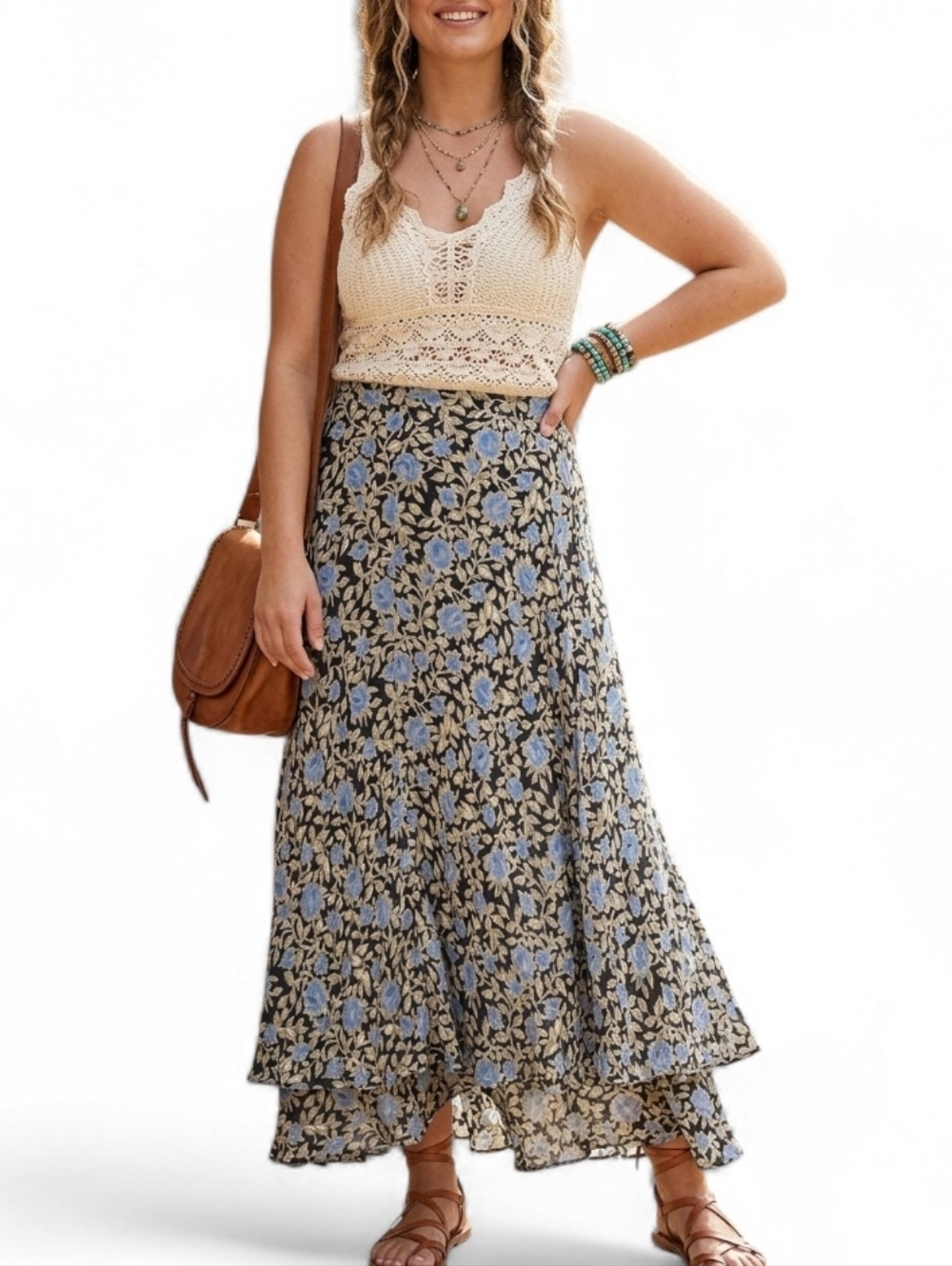 Luxe Charter Club Silk Floral Tiered Maxi Skirt | Cottagecore Boho | 6